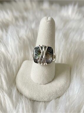 Abalone Shell Statement Ring Silver Over Brass Size 9